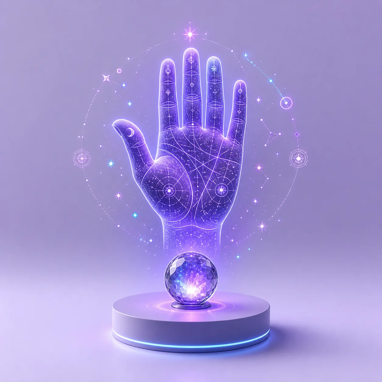 Luminous palmistry hand with a crystal sphere
