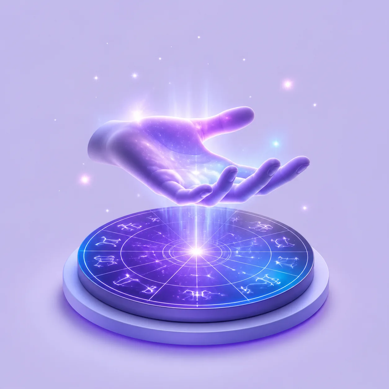 Luminous hand above a glowing zodiac wheel