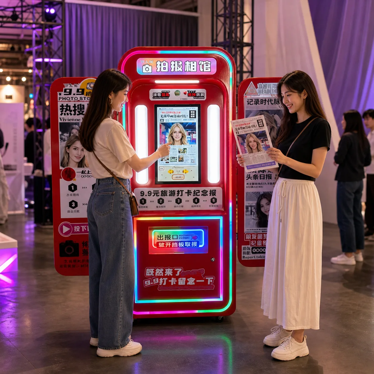 Concept visual of a JOYDD personalized newspaper photo kiosk at an event or pop-up; not a real deployment.