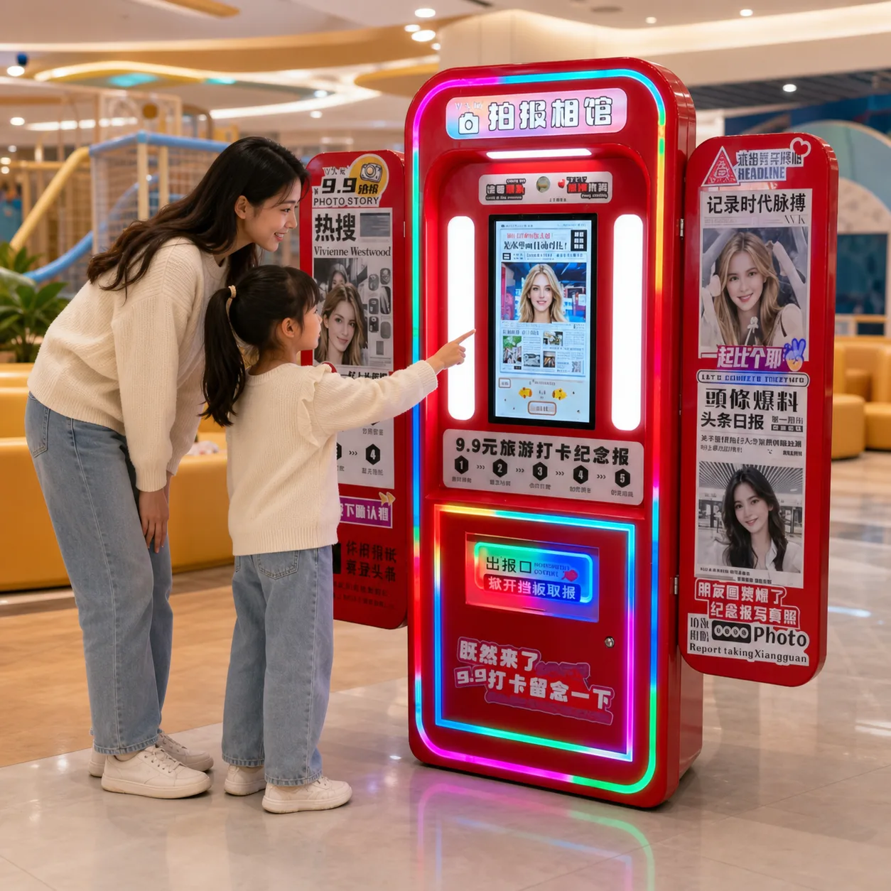 Concept visual of a JOYDD personalized newspaper photo kiosk in a family entertainment venue; not a real deployment.