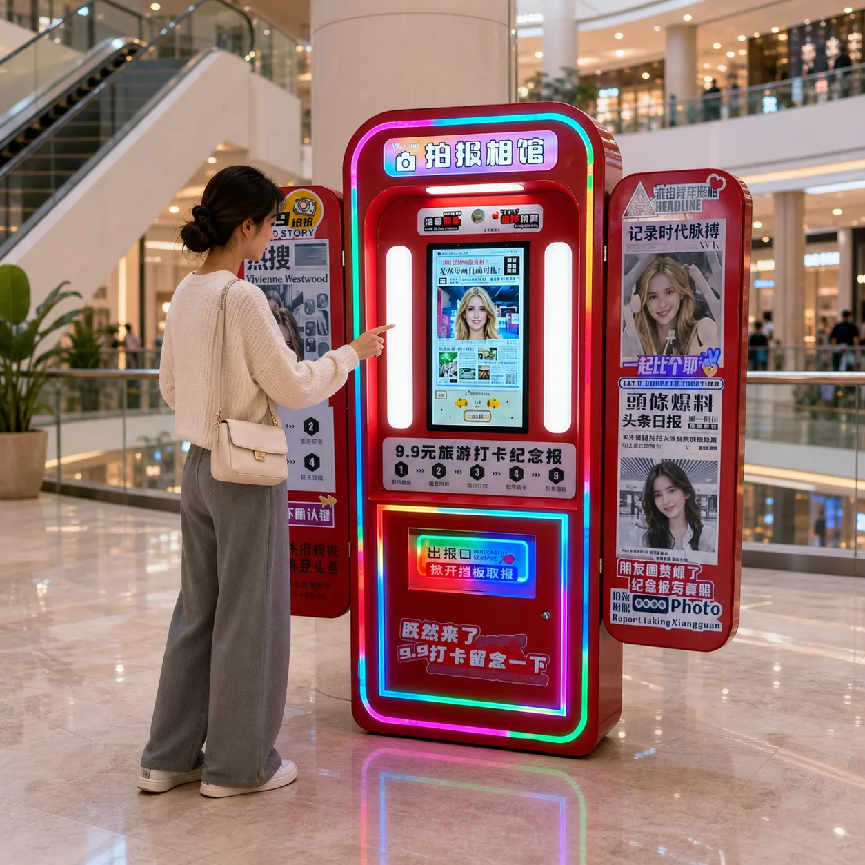 Concept visual of a JOYDD personalized newspaper photo kiosk in a shopping mall; not a real deployment.