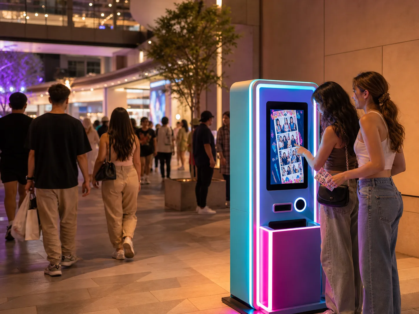 Visitors using a photo kiosk in a busy shopping venue