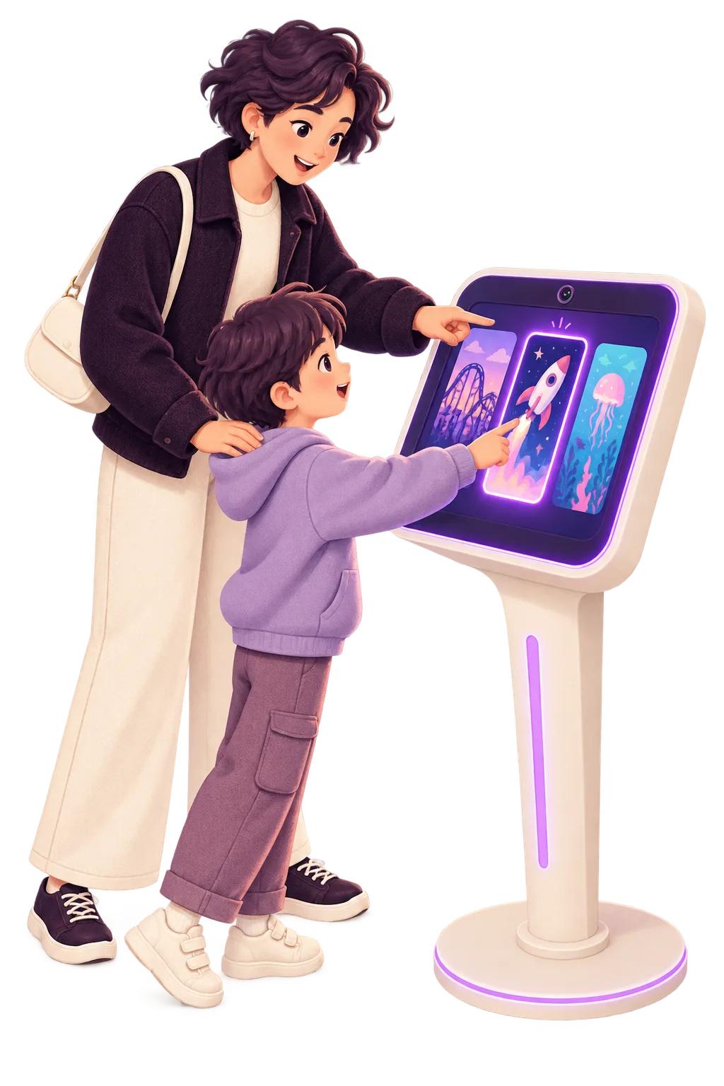 A parent and child choose personalized souvenir content together