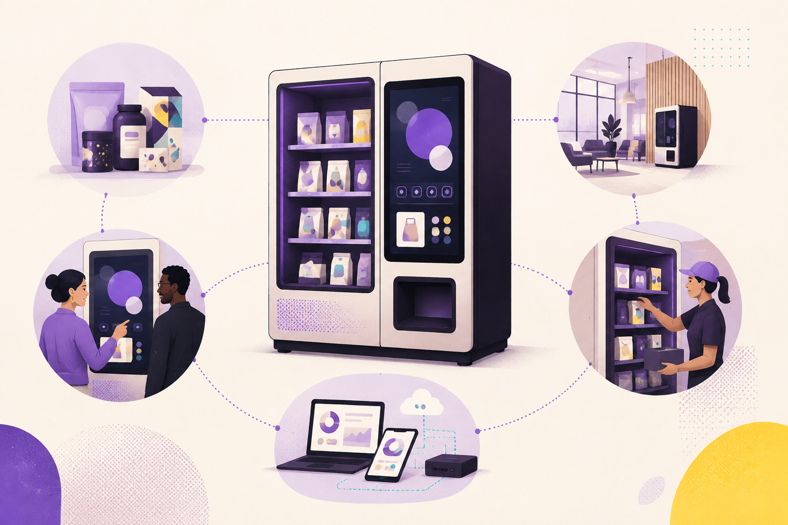 A modern interactive vending machine surrounded by product, customer, venue, operations, and integration considerations