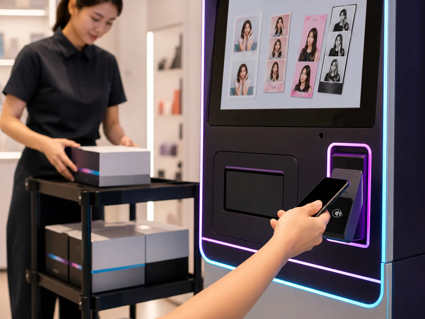 Contactless payment and service replenishment at a photo kiosk
