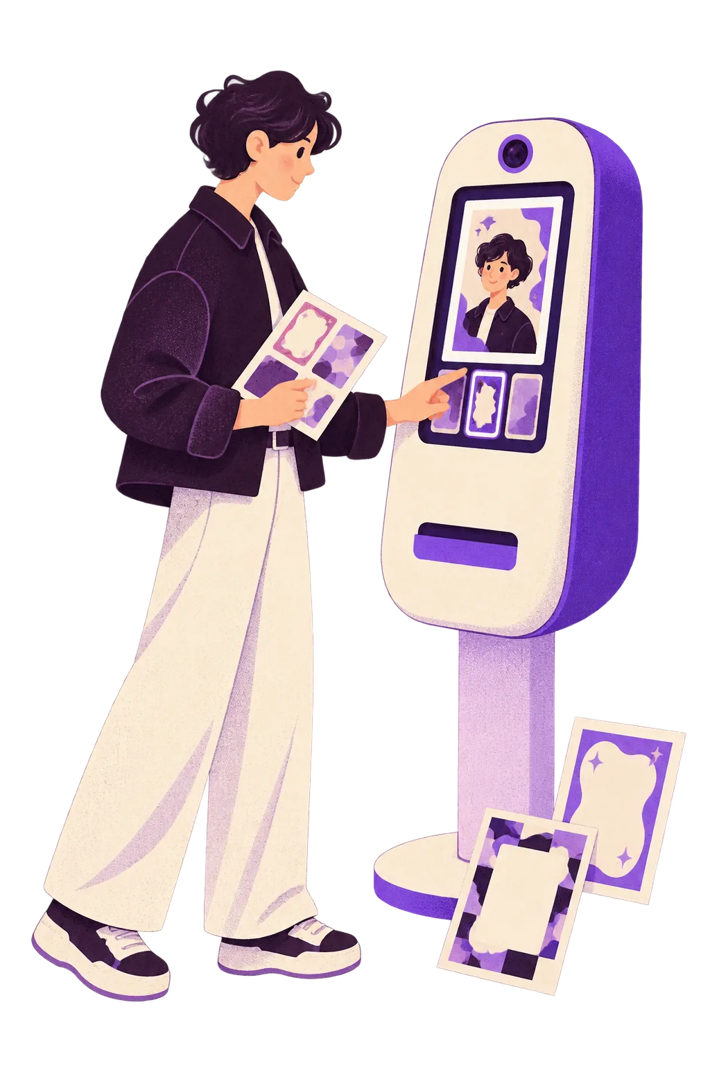 Project specialist reviewing portrait visual templates on a photo magnet kiosk