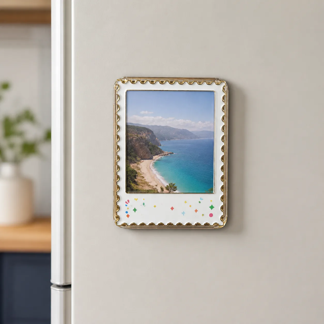 Rectangular photo magnet displayed on a refrigerator