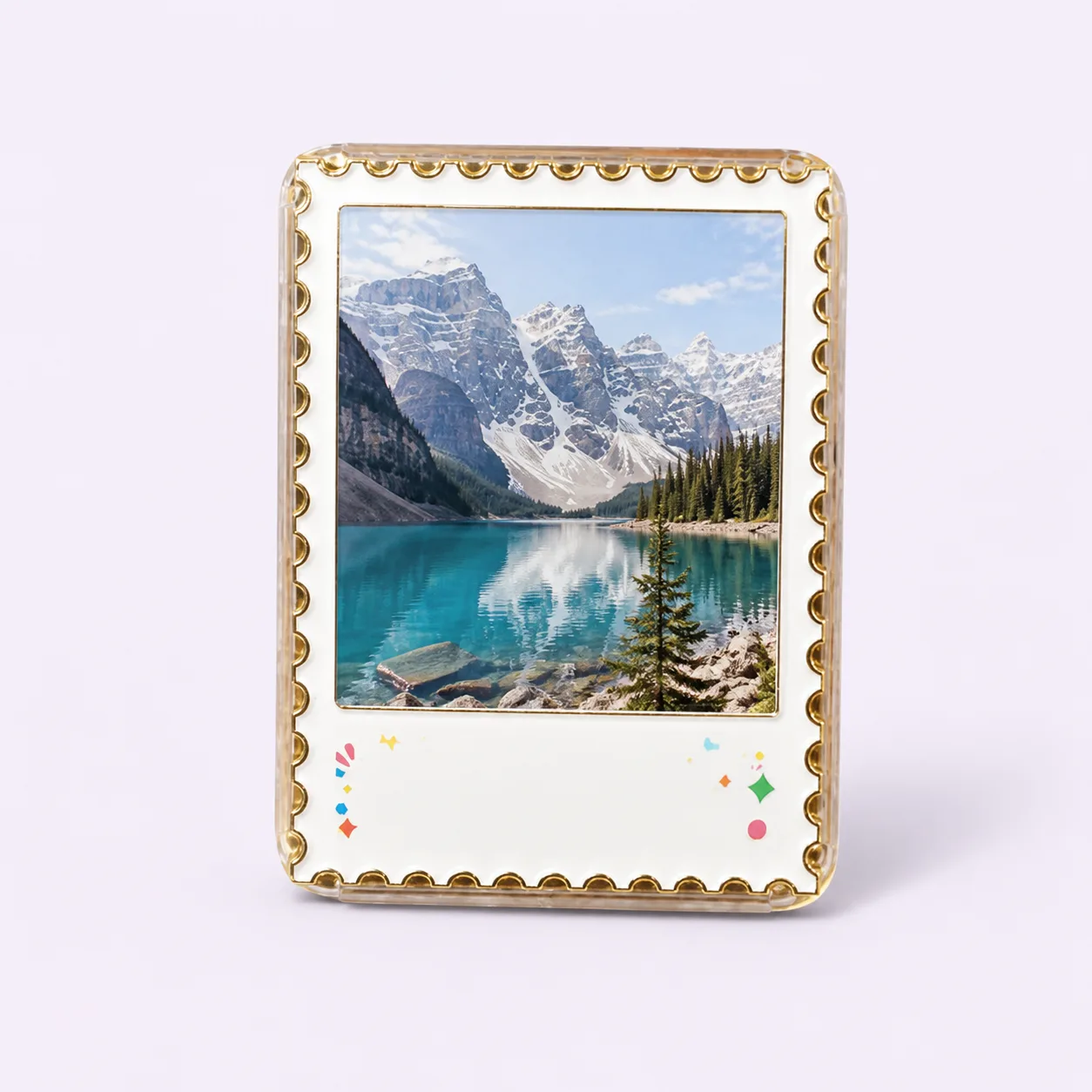 Rectangular photo magnet with mountain travel artwork