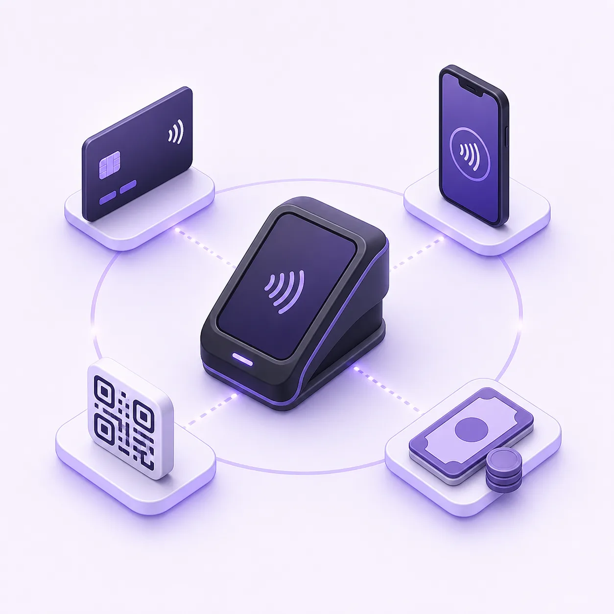 Concept diagram for card, contactless mobile and cash payment methods