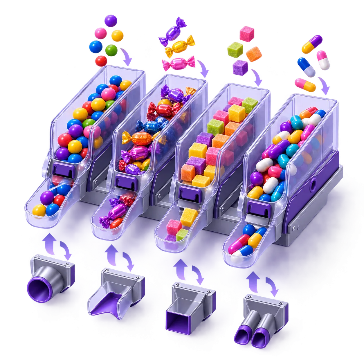 Concept diagram for multiple dispensing lanes suited to different candy shapes