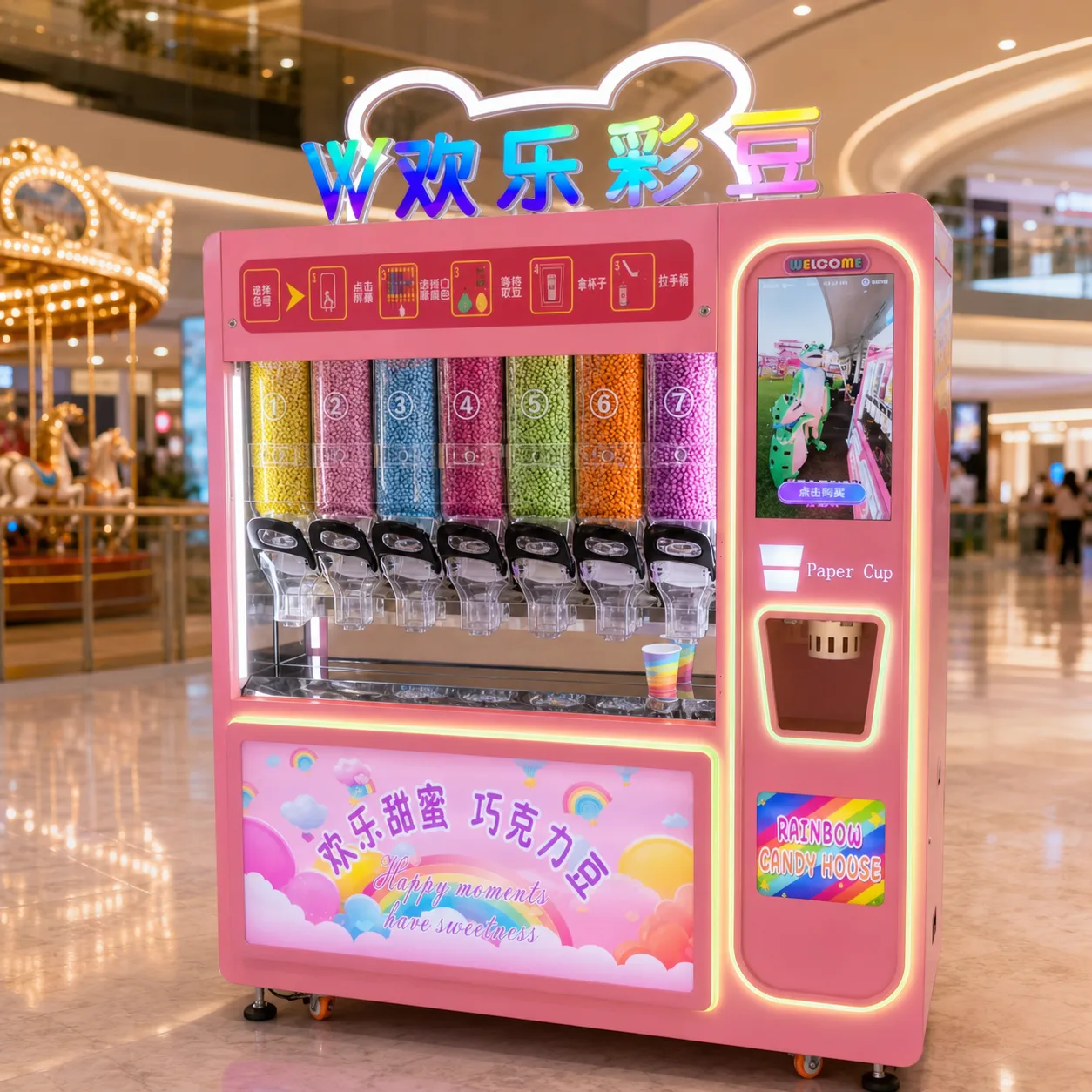 Interactive candy vending kiosk visualization in a shopping mall setting