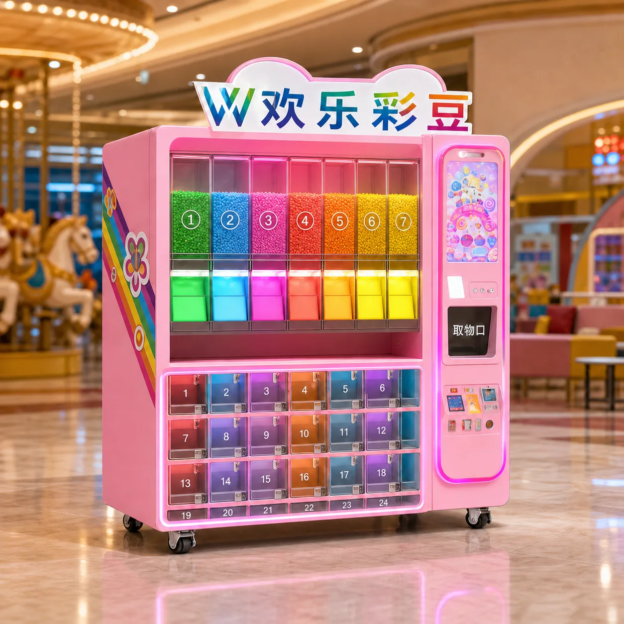 Candy and gift vending kiosk product visualization in a modern commercial setting
