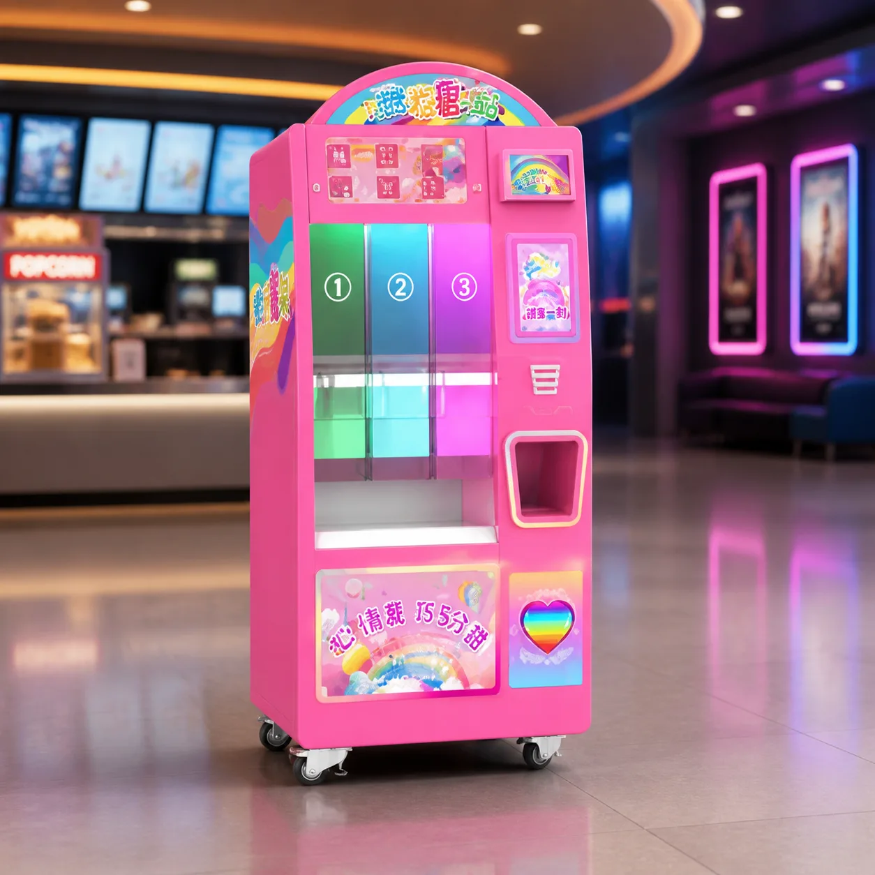 Mini candy vending kiosk product visualization in a modern retail setting