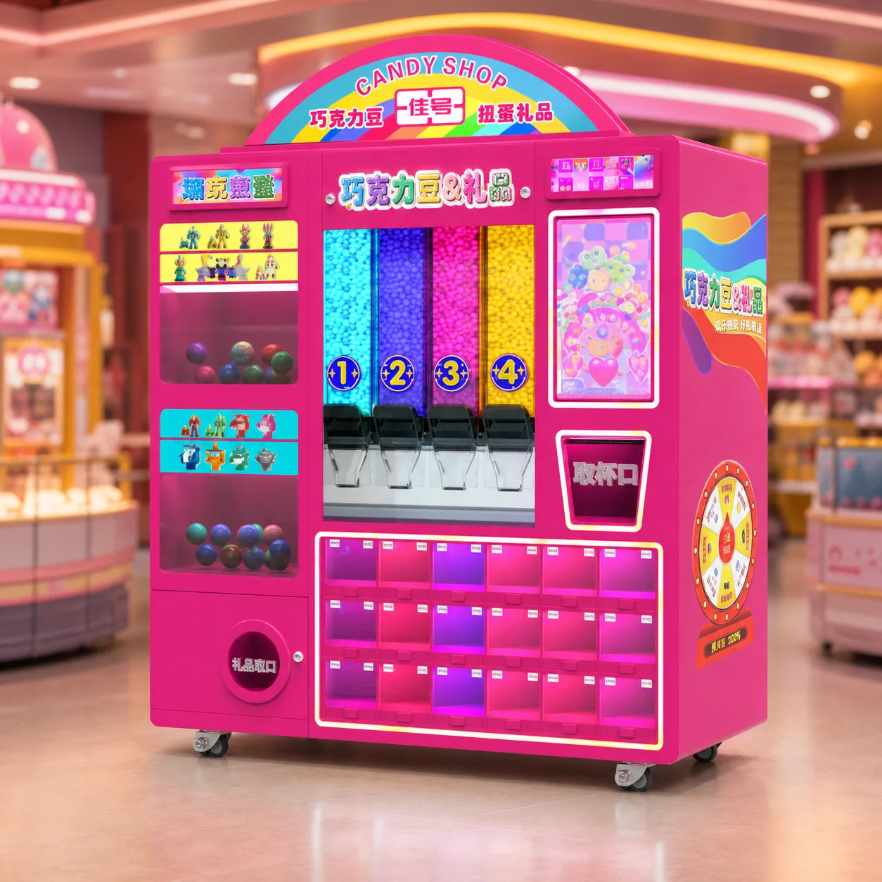 Candy and prize gashapon kiosk product visualization in a family entertainment setting