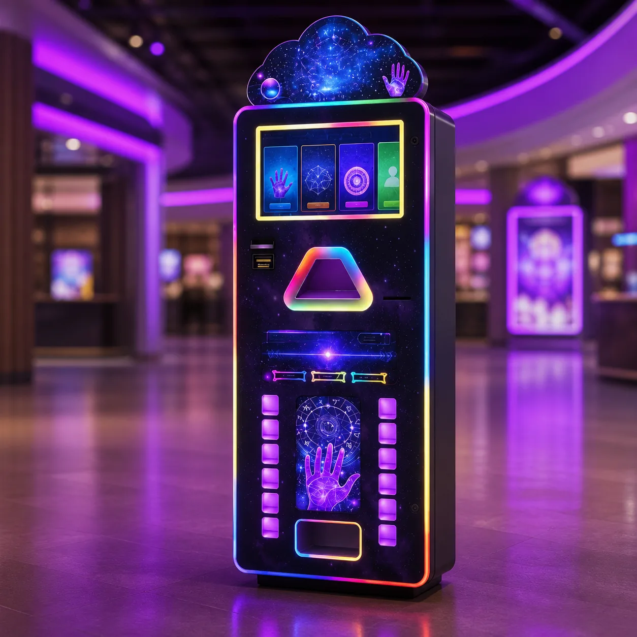 AI fortune kiosk product visualization in a modern entertainment setting