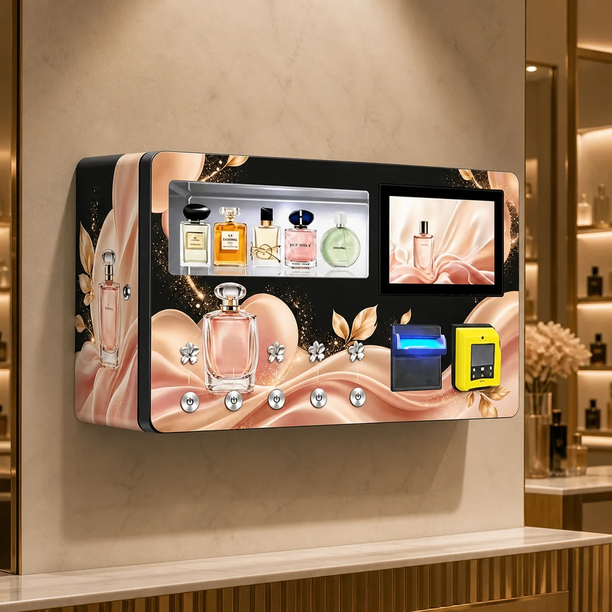 Wall-mounted perfume spray vending machine product visualization in a beauty retail setting