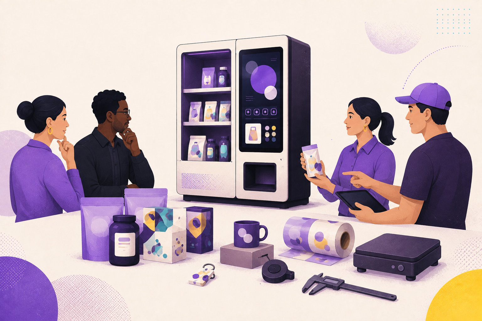 A project team evaluating product packaging, dimensions, materials, and consumables for an interactive vending machine