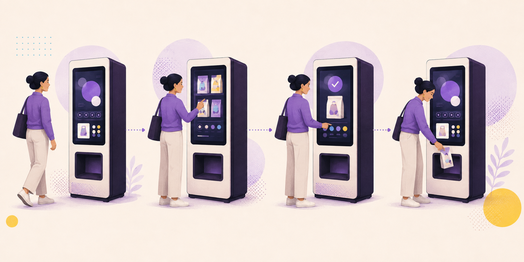 A customer approaching an interactive vending machine, making a selection, confirming the choice, and collecting an item