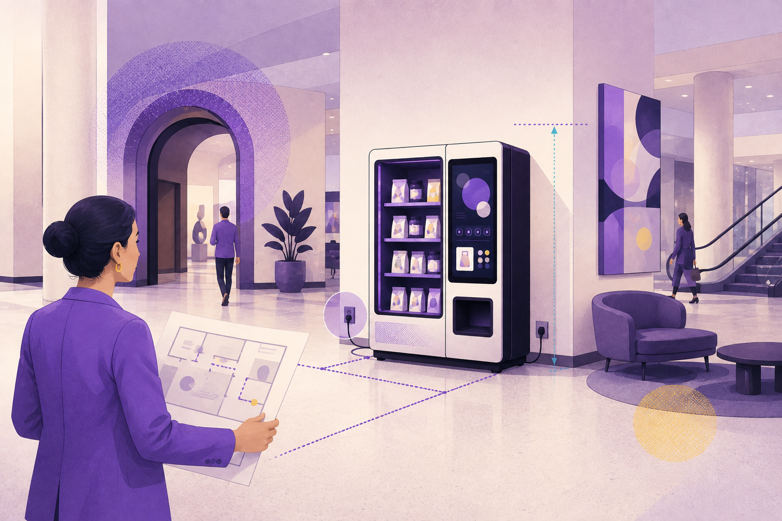 A planner evaluating space, access, power, and visitor flow for an interactive vending machine in a commercial venue