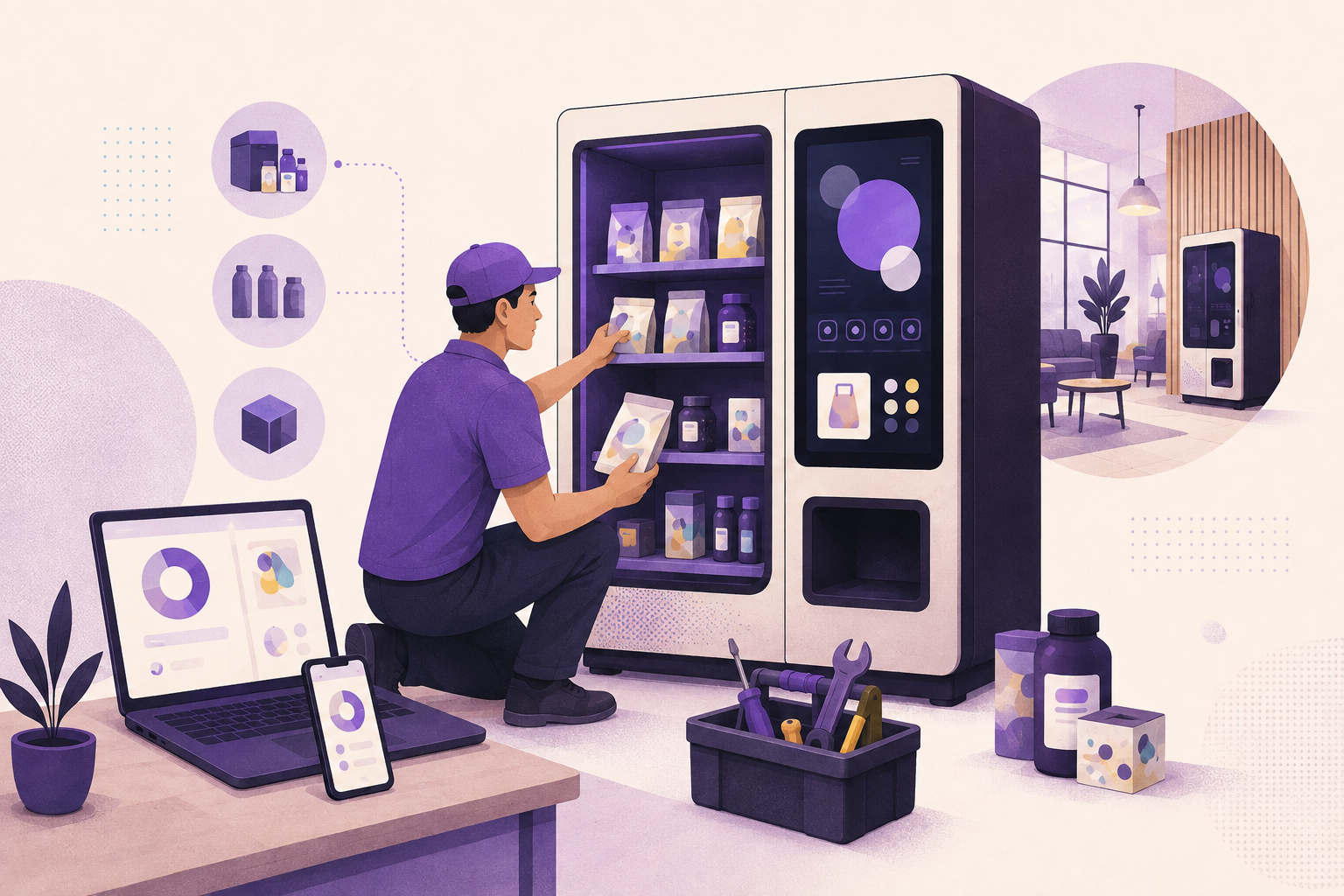 An operator restocking and maintaining an interactive vending machine while checking abstract inventory and equipment status