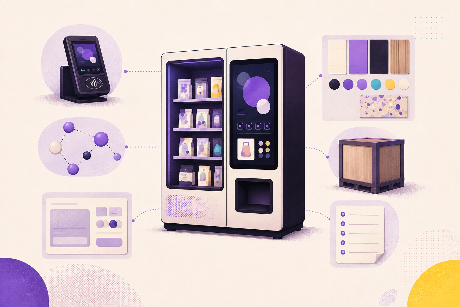 An interactive vending machine surrounded by generic payment, system integration, material customization, interface, checklist, and delivery elements