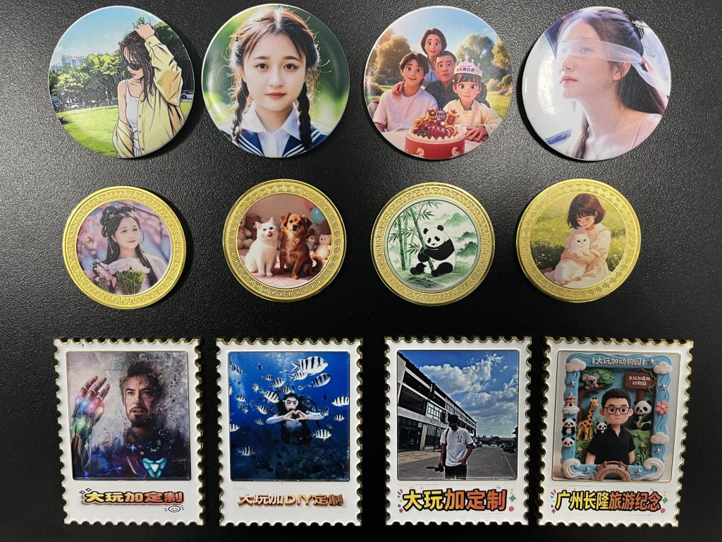 Collection of round photo badges and stamp-style fridge magnets