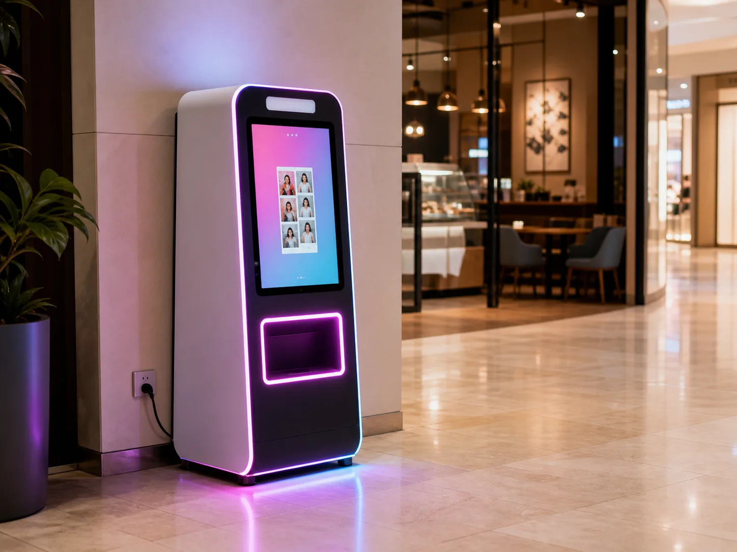 A compact photo kiosk installed in a bright mall venue