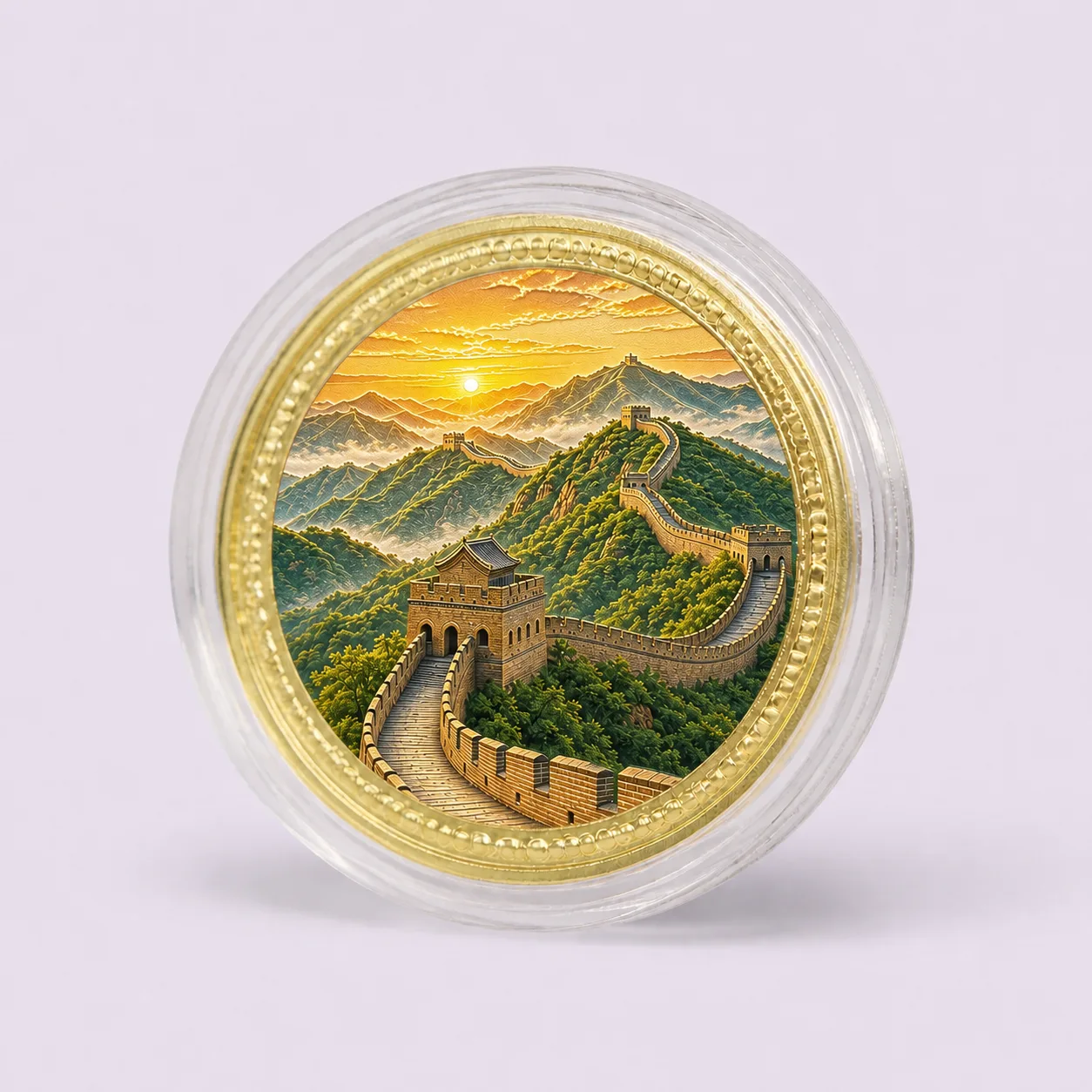 Gold souvenir medallion with raised Great Wall artwork in a clear round capsule